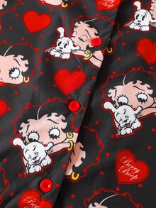 Betty Boop x SHEIN 女款愛心印花短袖上衣與短褲睡衣套裝 - 黑色 - 查看 6