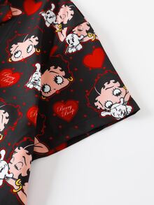Betty Boop x SHEIN 女款愛心印花短袖上衣與短褲睡衣套裝 - 黑色 - 查看 7