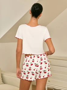 Betty Boop x SHEIN Conjunto de pijama de top corto y shorts con estampado de dibujos animados para mujer - Blanco - Ver 2