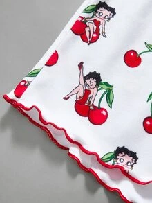 Betty Boop x SHEIN Conjunto de pijama de top corto y shorts con estampado de dibujos animados para mujer - Blanco - Ver 11