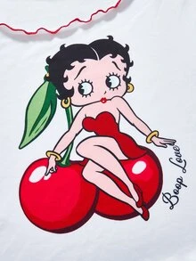 Betty Boop x SHEIN Conjunto de pijama de top corto y shorts con estampado de dibujos animados para mujer - Blanco - Ver 9