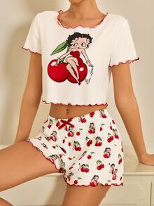 Betty Boop x SHEIN Conjunto de pijama de top corto y shorts con estampado de dibujos animados para mujer - Blanco - Ver 6