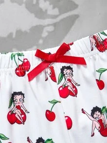 Betty Boop x SHEIN Conjunto de pijama de top corto y shorts con estampado de dibujos animados para mujer - Blanco - Ver 10