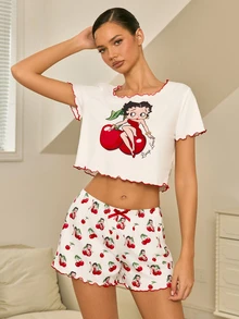 Betty Boop x SHEIN Conjunto de pijama de top corto y shorts con estampado de dibujos animados para mujer - Blanco - Ver 7