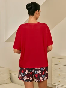 Betty Boop x SHEIN Women's Casual Cartoon Portrait Pattern Round Neck Short Sleeve T-Shirt And Shorts Pajama Set, Summer - Red - View 2