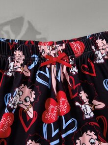 Betty Boop x SHEIN Women's Casual Cartoon Portrait Pattern Round Neck Short Sleeve T-Shirt And Shorts Pajama Set, Summer - Red - View 12