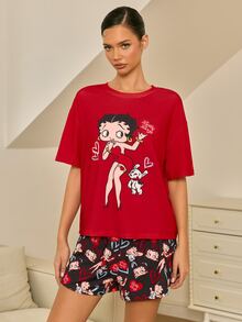 Betty Boop x SHEIN Women's Casual Cartoon Portrait Pattern Round Neck Short Sleeve T-Shirt And Shorts Pajama Set, Summer - Red - View 7