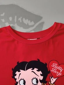 Betty Boop x SHEIN Women's Casual Cartoon Portrait Pattern Round Neck Short Sleeve T-Shirt And Shorts Pajama Set, Summer - Red - View 8