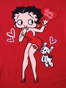 Betty Boop x SHEIN Women's Casual Cartoon Portrait Pattern Round Neck Short Sleeve T-Shirt And Shorts Pajama Set, Summer - Red - View 9