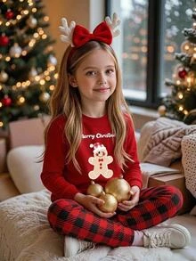 SHEIN Tween女孩秋冬聖誕可愛時尚百搭派對長袖長褲套裝，日常居家穿著，修身版型 - 彩色 - 查看 1