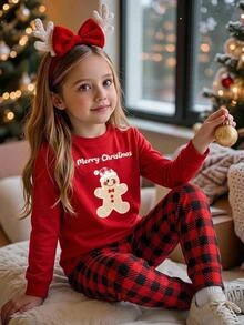 SHEIN Tween女孩秋冬聖誕可愛時尚百搭派對長袖長褲套裝，日常居家穿著，修身版型 - 彩色 - 查看 12