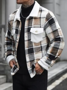 Manfinity Homme 男士大格紋法蘭絨長袖夾克，雙貼袋經典款，適合正式或休閒場合，休閒度假、晚餐聚會、簡約辦公、休閒居家穿著，自用或送禮皆宜，熱銷舒適秋冬夾克 - 彩色 - 查看 5
