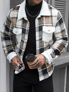 Manfinity Homme 男士大格紋法蘭絨長袖夾克，雙貼袋經典款，適合正式或休閒場合，休閒度假、晚餐聚會、簡約辦公、休閒居家穿著，自用或送禮皆宜，熱銷舒適秋冬夾克 - 彩色 - 查看 6