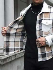 Manfinity Homme 男士大格紋法蘭絨長袖夾克，雙貼袋經典款，適合正式或休閒場合，休閒度假、晚餐聚會、簡約辦公、休閒居家穿著，自用或送禮皆宜，熱銷舒適秋冬夾克 - 彩色 - 查看 7