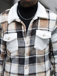 Manfinity Homme 男士大格紋法蘭絨長袖夾克，雙貼袋經典款，適合正式或休閒場合，休閒度假、晚餐聚會、簡約辦公、休閒居家穿著，自用或送禮皆宜，熱銷舒適秋冬夾克 - 彩色 - 查看 4