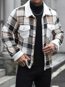 Manfinity Homme 男士大格紋法蘭絨長袖夾克，雙貼袋經典款，適合正式或休閒場合，休閒度假、晚餐聚會、簡約辦公、休閒居家穿著，自用或送禮皆宜，熱銷舒適秋冬夾克 - 彩色 - 查看 3