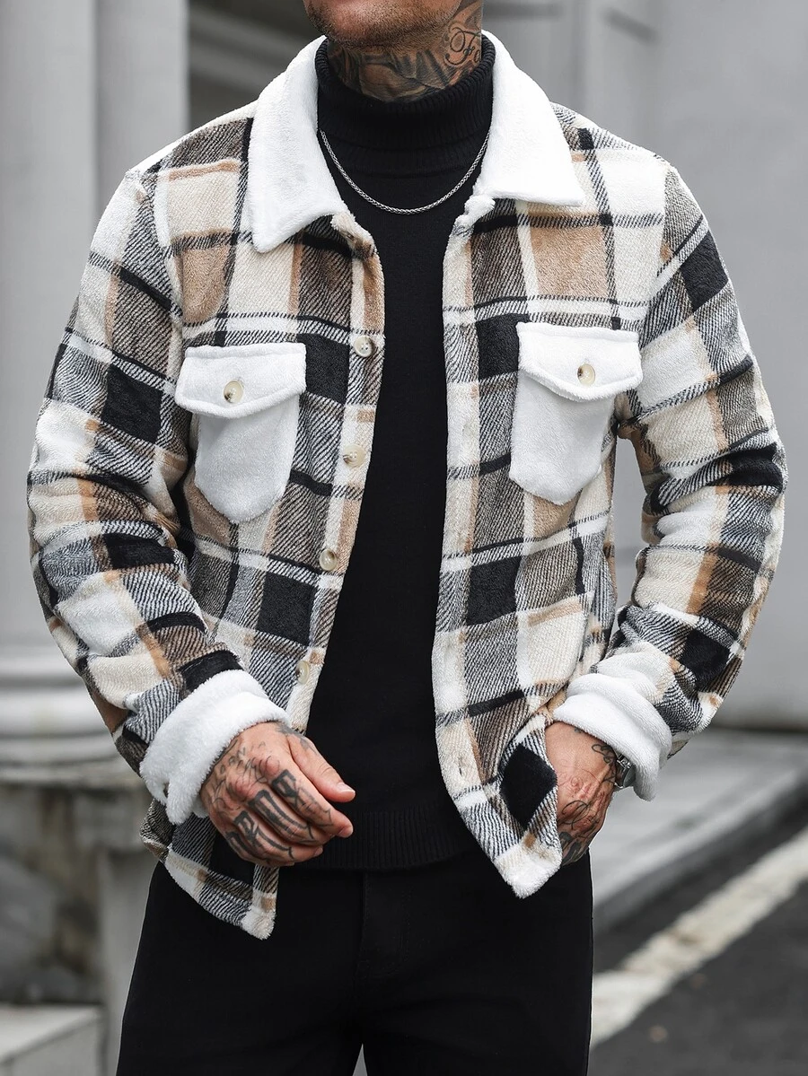 Manfinity Homme 男士大格紋法蘭絨長袖夾克,雙貼袋經典款,適合正式或休閒場合,休閒度假、晚餐聚會、簡約辦公、休閒居家穿著,自用或送禮皆宜,熱銷舒適秋冬夾克 - 彩色 - 查看 1