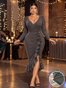 Cravure Women's Plus Size Spring Casual Commute Elegant Vintage Versatile Fashion Silver V-Neck Long Sleeve Mid-Length Dress Suitable For Spring/Autumn Party Gathering - Silver - View 1