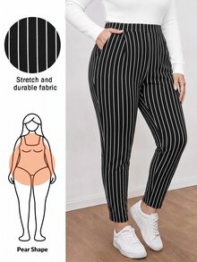 Shapeblank 女款大尺碼黑白條紋錐形長褲 休閒優雅彈性腰帶 秋冬上班辦公商務工作褲 - 黑色 - 查看 3