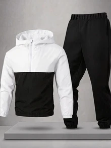 SHEIN 青少年男孩半拉鍊連帽外套與束口長褲兩件套，休閒運動風，適合秋冬穿著 - 黑與白 - 查看 2