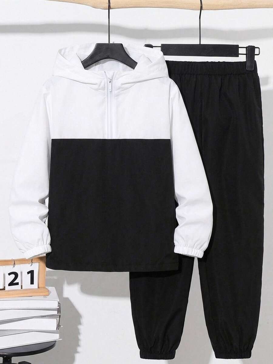 SHEIN 青少年男孩半拉鍊連帽外套與束口長褲兩件套,休閒運動風,適合秋冬穿著 - 黑與白 - 查看 1