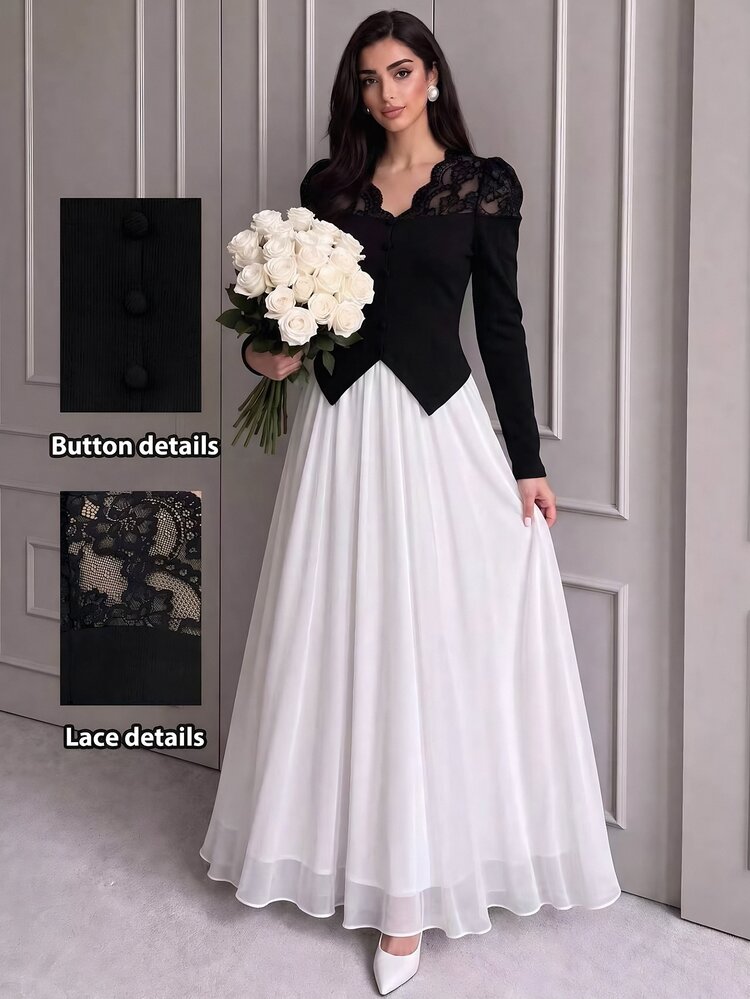 NOVVYNE Women's Elegant V-Neck Fitted Lace Patchwork Waist-Cinching Knit Top For Daily Commute And Date Outfits - Black - View 9