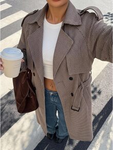 SHEIN EZwear 秋季格紋復古休閒法式優雅千鳥格鈕扣長袖大衣 辦公室黑色 - 摩卡棕 - 查看 11
