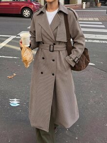 SHEIN EZwear 秋季格紋復古休閒法式優雅千鳥格鈕扣長袖大衣 辦公室黑色 - 摩卡棕 - 查看 7