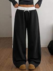 SHEIN Teen Girls Sweatpants, Black, Casual Fit, Daily Wear, Fashionable Versatile, Loose, Elastic Waist, Autumn, Comfortable, Drawstring, Cuffed Hem, Knit, Winter - Black - View 2