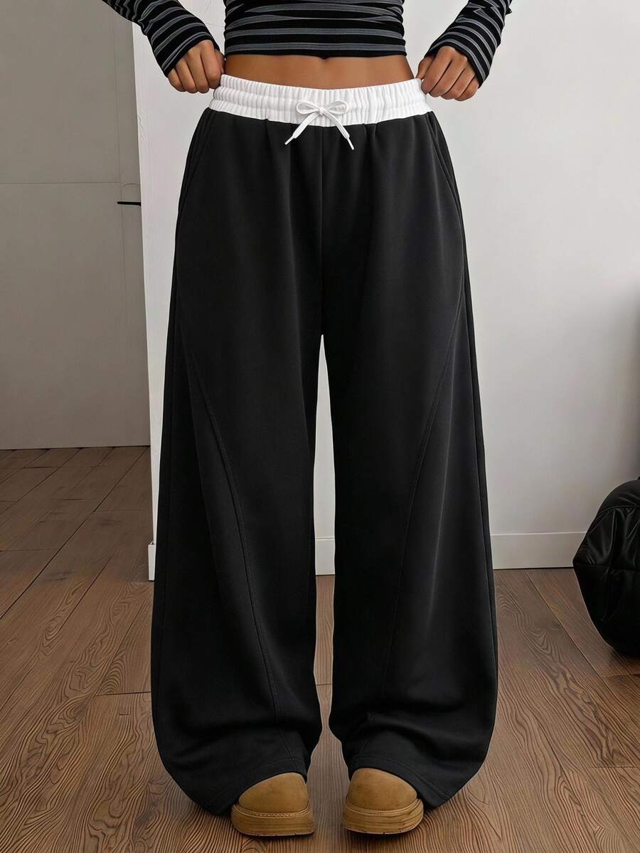 SHEIN Teen Girls Sweatpants, Black, Casual Fit, Daily Wear, Fashionable Versatile, Loose, Elastic Waist, Autumn, Comfortable, Drawstring, Cuffed Hem, Knit, Winter