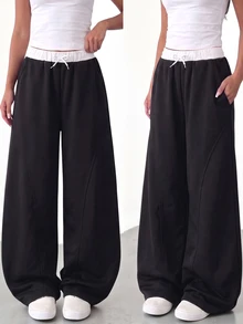 SHEIN Teen Girls Sweatpants, Black, Casual Fit, Daily Wear, Fashionable Versatile, Loose, Elastic Waist, Autumn, Comfortable, Drawstring, Cuffed Hem, Knit, Winter - Black - View 10