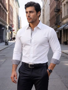 Manfinity Mode Men's Light Business Colorblock Plaid Shirt, White Stretch Long Sleeve Shirt, Workplace Light Business Button-Up Top, Formal, Old Money - White - View 1