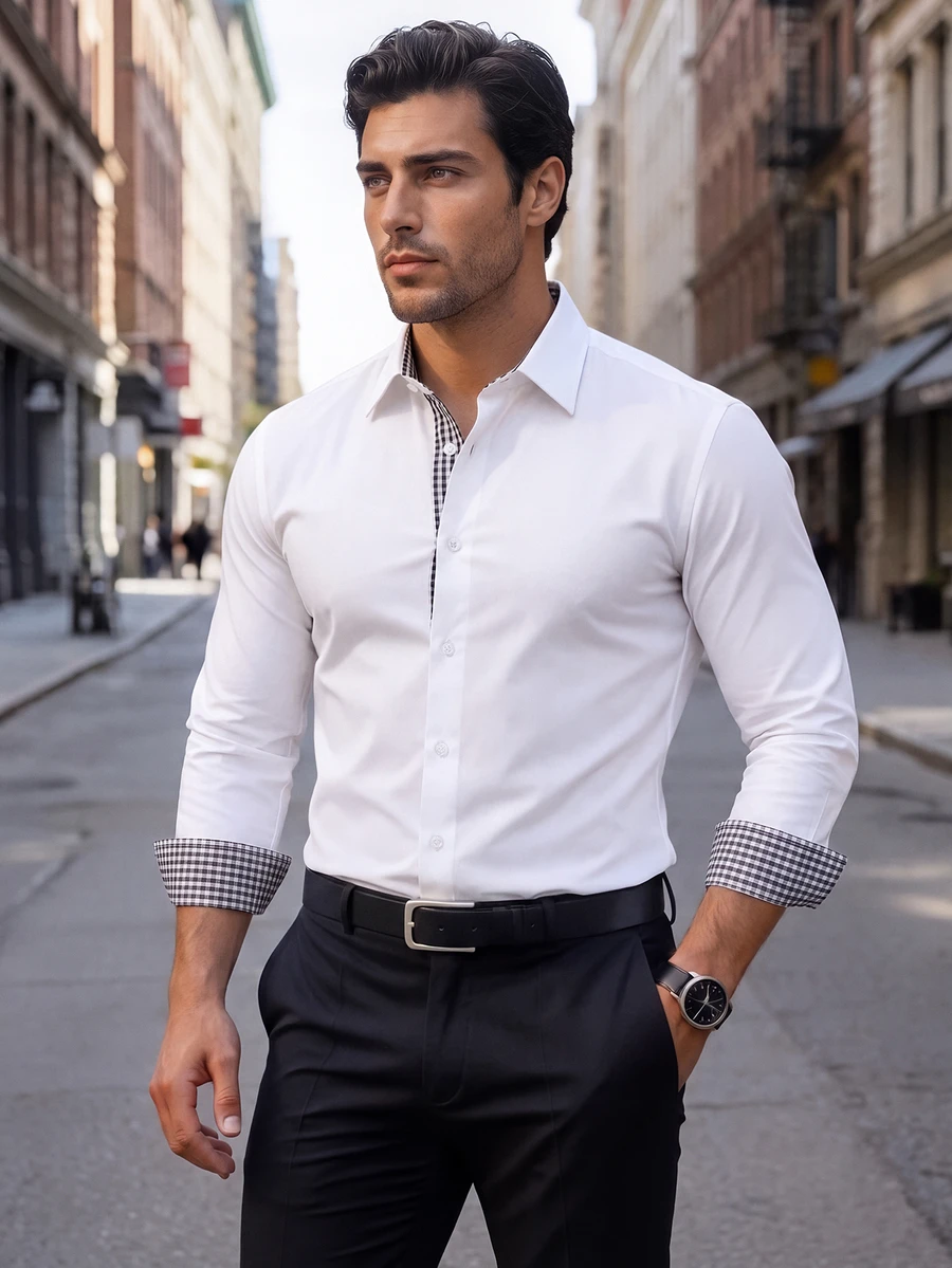 Manfinity Mode Men's Light Business Colorblock Plaid Shirt, White Stretch Long Sleeve Shirt, Workplace Light Business Button-Up Top, Formal, Old Money - White - View 1