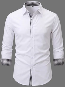 Manfinity Mode Men's Light Business Colorblock Plaid Shirt, White Stretch Long Sleeve Shirt, Workplace Light Business Button-Up Top, Formal, Old Money - White - View 3