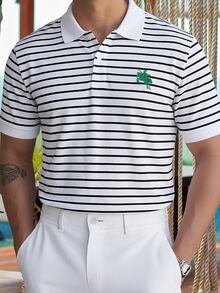 Manfinity Mode 男士夏季 Polo 衫，成熟休閒風，條紋設計，馬標誌 - 黑與白 - 查看 8