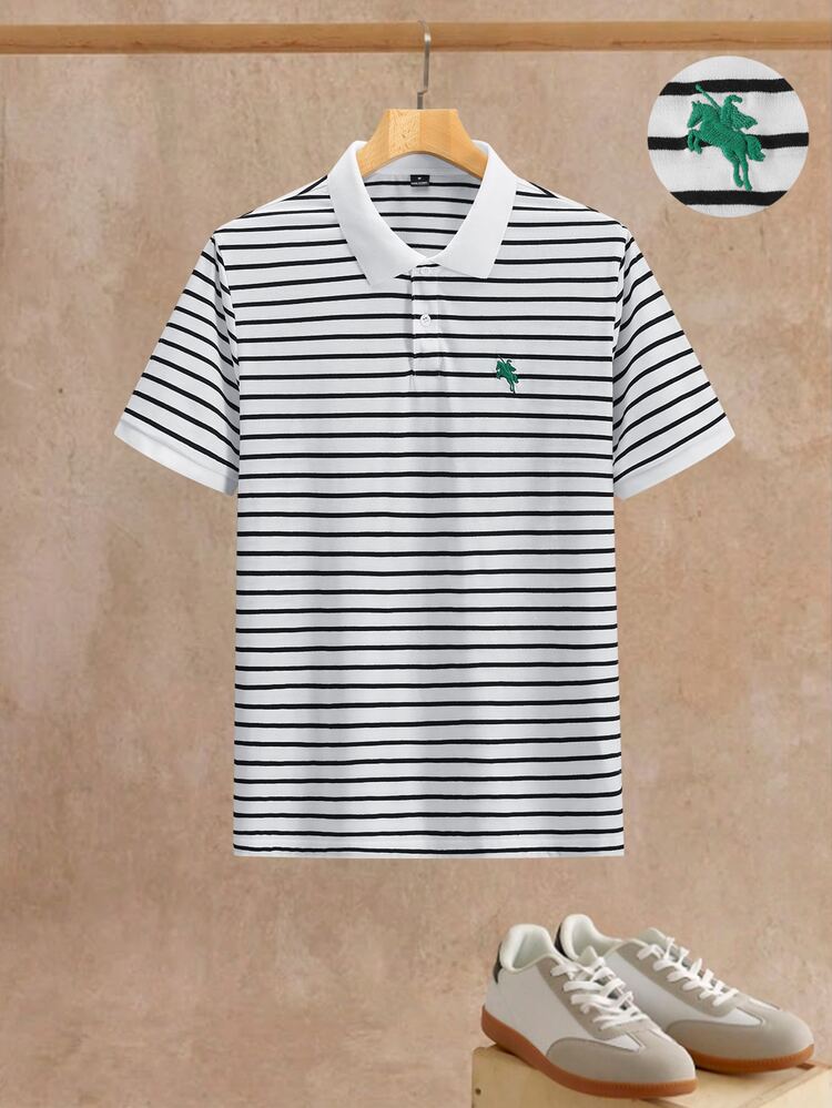 Manfinity Mode Men's Summer Polo Shirt, Mature, Casual. Striped, Logo Horse. - Black and White - View 4