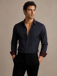 Manfinity Mode 男士標準尺寸紋理對比色休閒襯衫，男友禮物，父親節，正式，老錢風 - 黑色 - 查看 1