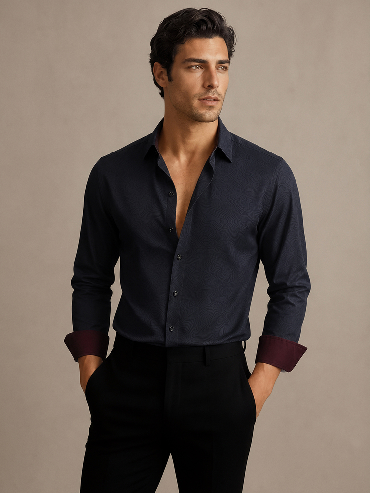 Manfinity Mode Men's Standard Size Textured Contrast Color Casual Shirt, Boyfriend Gift, Father's Day, Formal, Old Money - Black - View 1