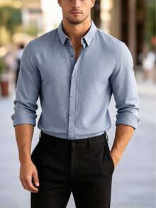 Manfinity Mode Men's Classic Fit Solid Color Long Sleeve Button Up Collared Shirt,Light Blue Autumn Casual Business Office Dual-Tone Mesh Front Button Formal Shirt - Blue - View 4