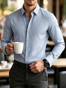 Manfinity Mode Men's Classic Fit Solid Color Long Sleeve Button Up Collared Shirt,Light Blue Autumn Casual Business Office Dual-Tone Mesh Front Button Formal Shirt - Blue - View 2