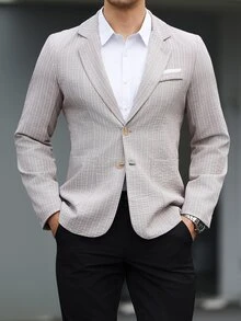 Manfinity Mode Men's Textured Gray & White Striped Suit Blazer,Beige Summer Casual Business Wedding Blazer,Resort Wear,Old Money Style,Spring Cruise Yacht - Grey - View 4