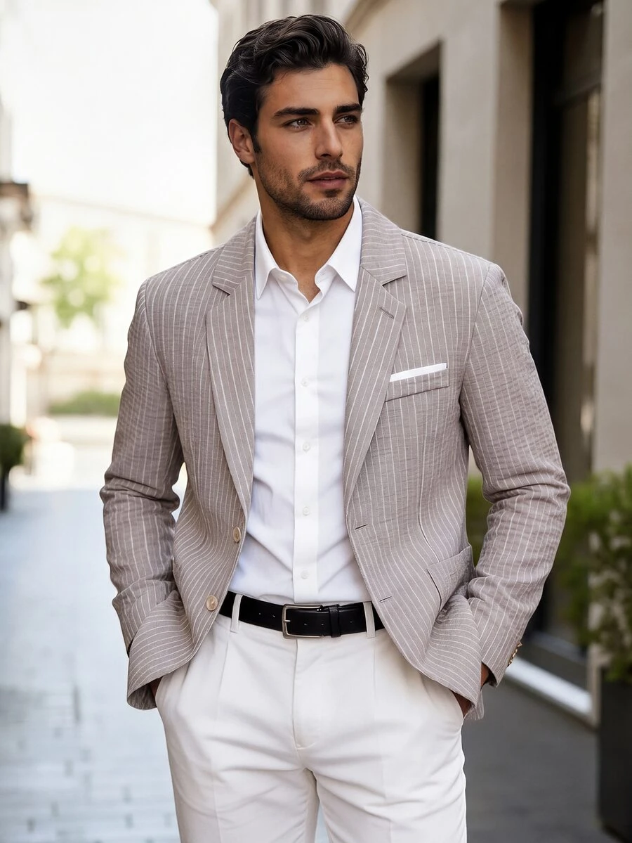 Manfinity Mode Men's Textured Gray & White Striped Suit Blazer,Beige Summer Casual Business Wedding Blazer,Resort Wear,Old Money Style,Spring Cruise Yacht - Grey - View 1