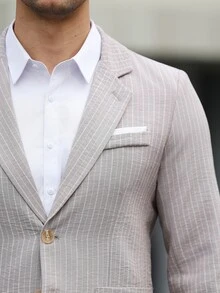 Manfinity Mode Men's Textured Gray & White Striped Suit Blazer,Beige Summer Casual Business Wedding Blazer,Resort Wear,Old Money Style,Spring Cruise Yacht - Grey - View 12