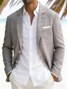 Manfinity Mode Men's Textured Gray & White Striped Suit Blazer,Beige Summer Casual Business Wedding Blazer,Resort Wear,Old Money Style,Spring Cruise Yacht - Grey - View 7