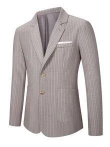 Manfinity Mode Men's Textured Gray & White Striped Suit Blazer,Beige Summer Casual Business Wedding Blazer,Resort Wear,Old Money Style,Spring Cruise Yacht - Grey - View 10
