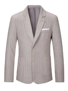 Manfinity Mode Men's Textured Gray & White Striped Suit Blazer,Beige Summer Casual Business Wedding Blazer,Resort Wear,Old Money Style,Spring Cruise Yacht - Grey - View 9