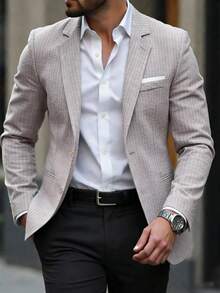 Manfinity Mode Men's Textured Gray & White Striped Suit Blazer,Beige Summer Casual Business Wedding Blazer,Resort Wear,Old Money Style,Spring Cruise Yacht - Grey - View 2
