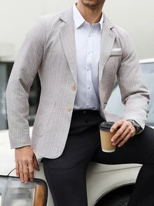 Manfinity Mode Men's Textured Gray & White Striped Suit Blazer,Beige Summer Casual Business Wedding Blazer,Resort Wear,Old Money Style,Spring Cruise Yacht - Grey - View 6