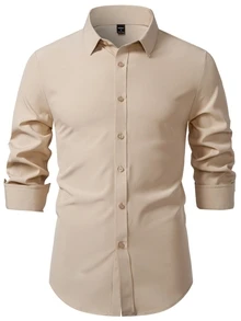 Manfinity Mode Men's Plus Size Long Sleeve Shirt, Khaki Shirt Collar Top, Suitable For Daily Commute And Gatherings, Formal, Old Money - Khaki - View 3