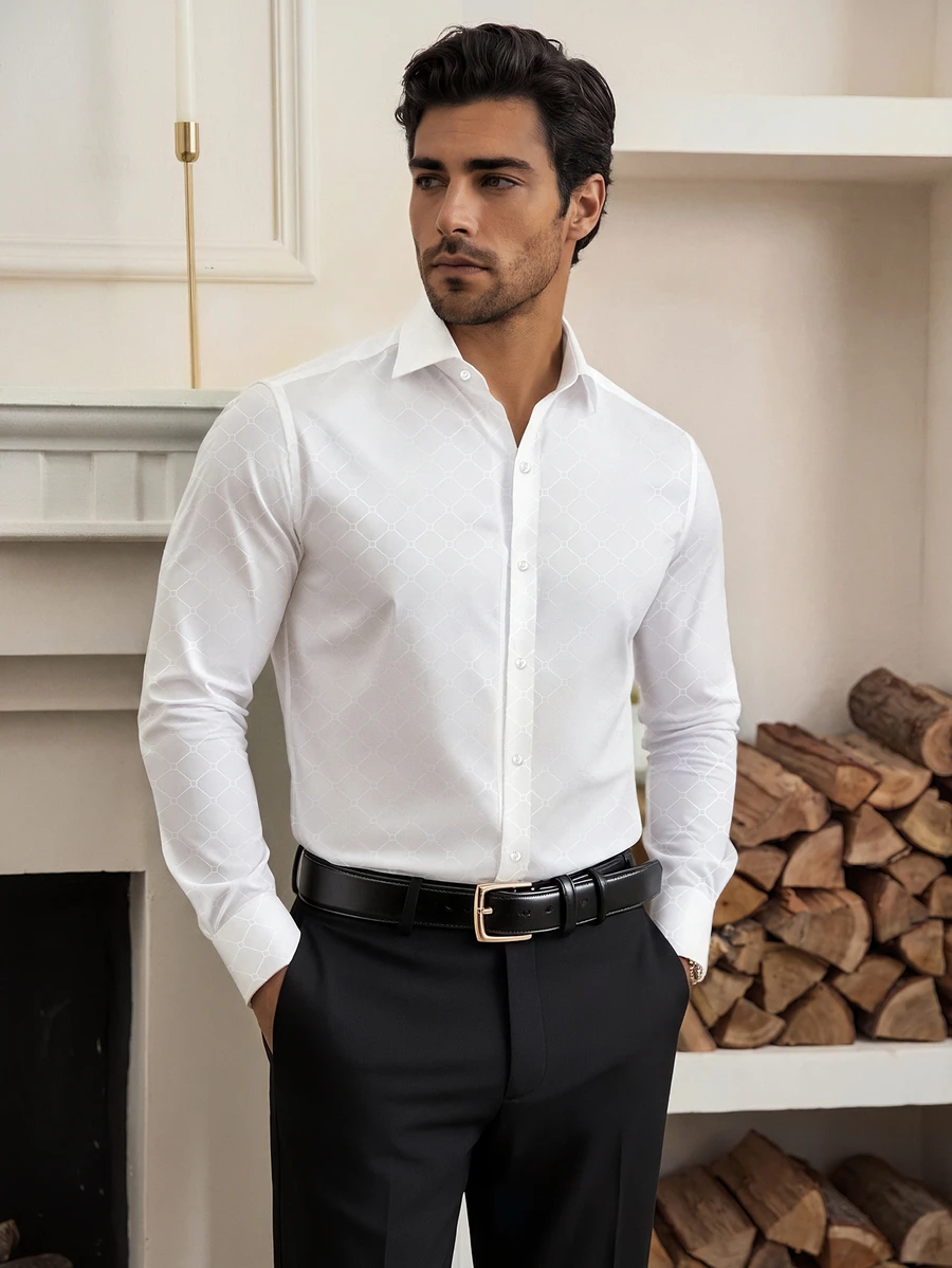 Manfinity Mode Men's Plus Size White Long-Sleeve Shirt, Suitable For Business And Commuting, Formal, Old Money